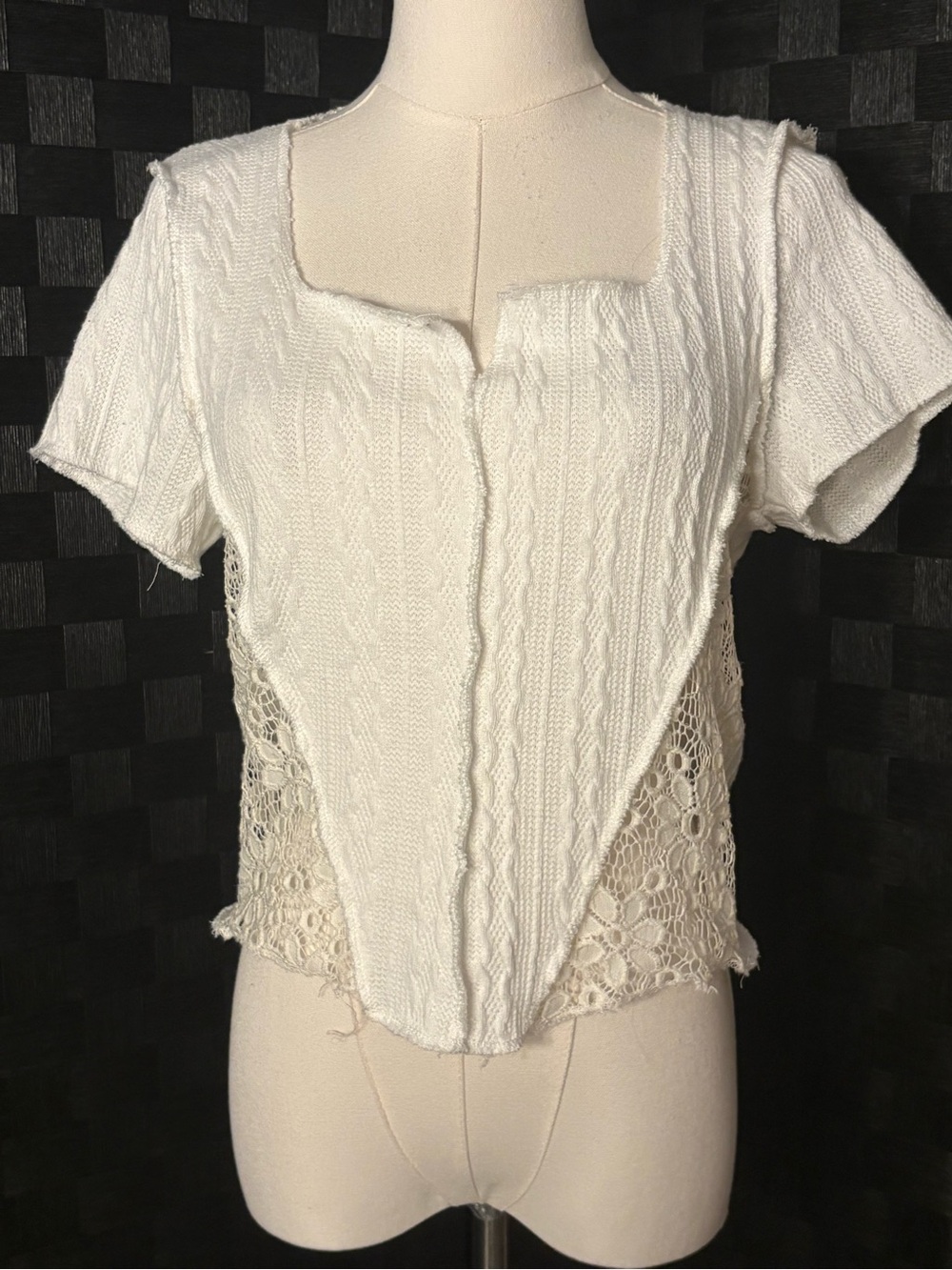 Willow & Root Corset Top White Cable Knit Sheer Floral Lace Cottagecore Coquette